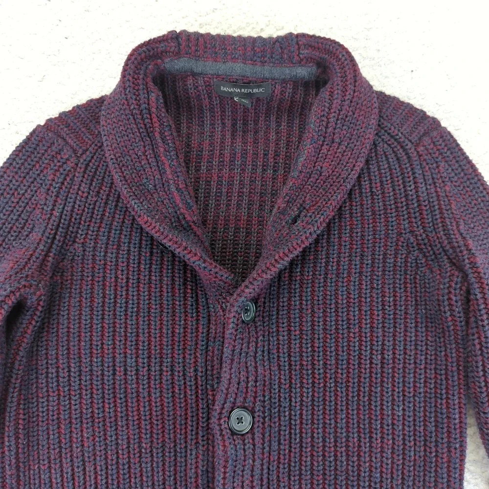Banana Republic Shawl‎ Collar Cardigan Sweater Burgundy Navy Marl Knit Men Small